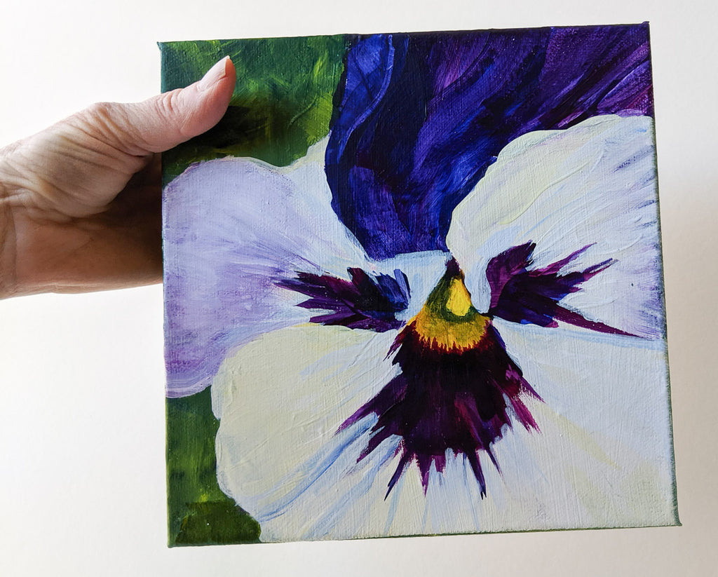 purple and white pansy, sally evans, acrylic painting
