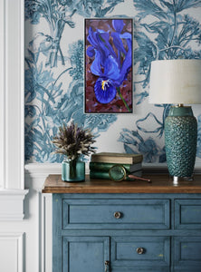 Unexpected Surprise, Dwarf Purple Iris, ©Sally Evans, Acrylic,20" x 10" Above dresser