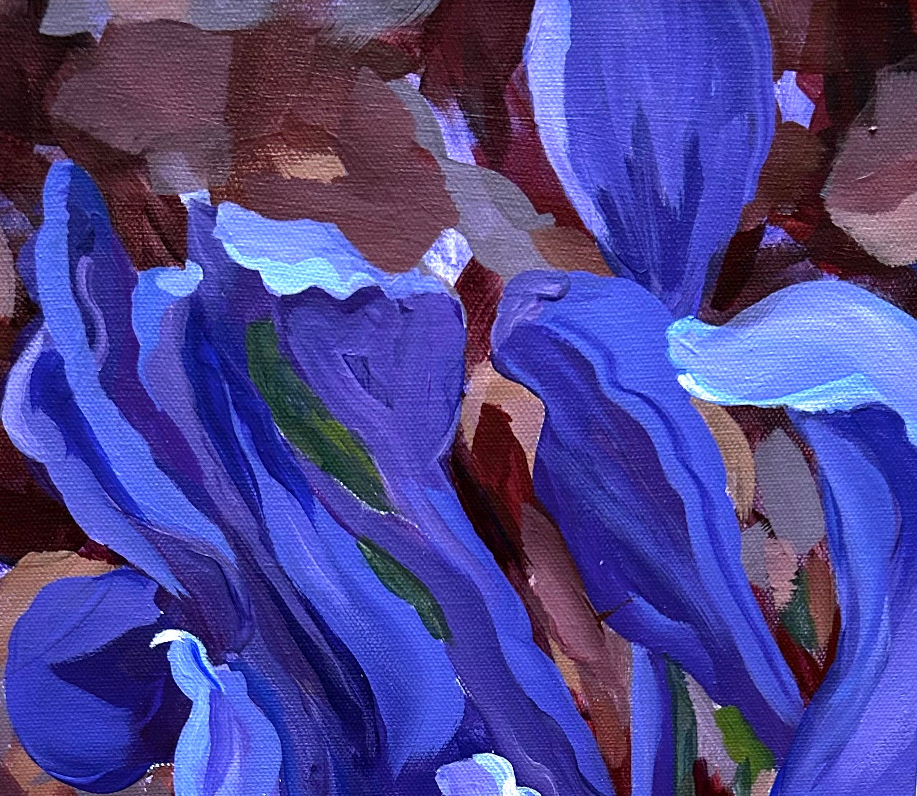 Unexpected Surprise, Dwarf Purple Iris, ©Sally Evans, Acrylic on canvas, 20" x 10"  Close up view