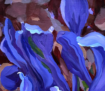 Unexpected Surprise, Dwarf Purple Iris, ©Sally Evans, Acrylic on canvas, 20" x 10"  Close up view