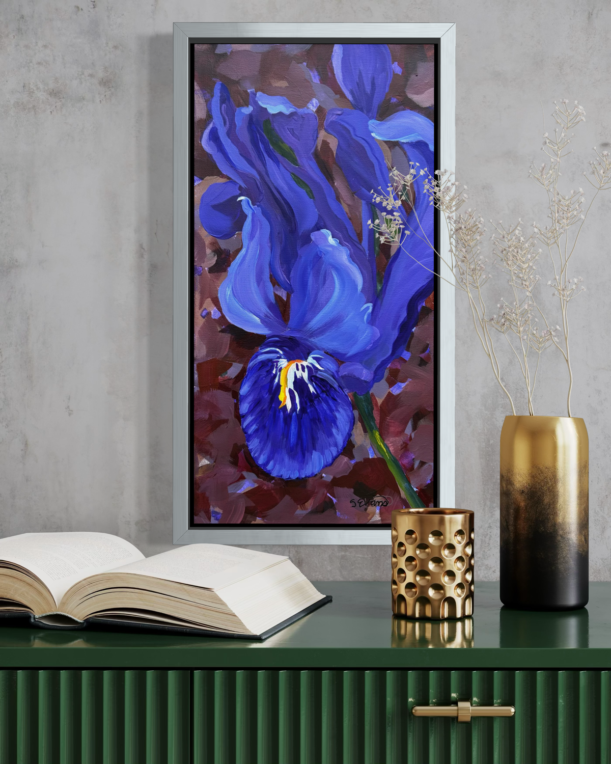 Unexpected Surprise, Dwarf Purple Iris, acrylic painting by ©Sally Evans, 10" x 20"  