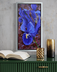 Unexpected Surprise, Dwarf Purple Iris, acrylic painting by ©Sally Evans, 10" x 20"  