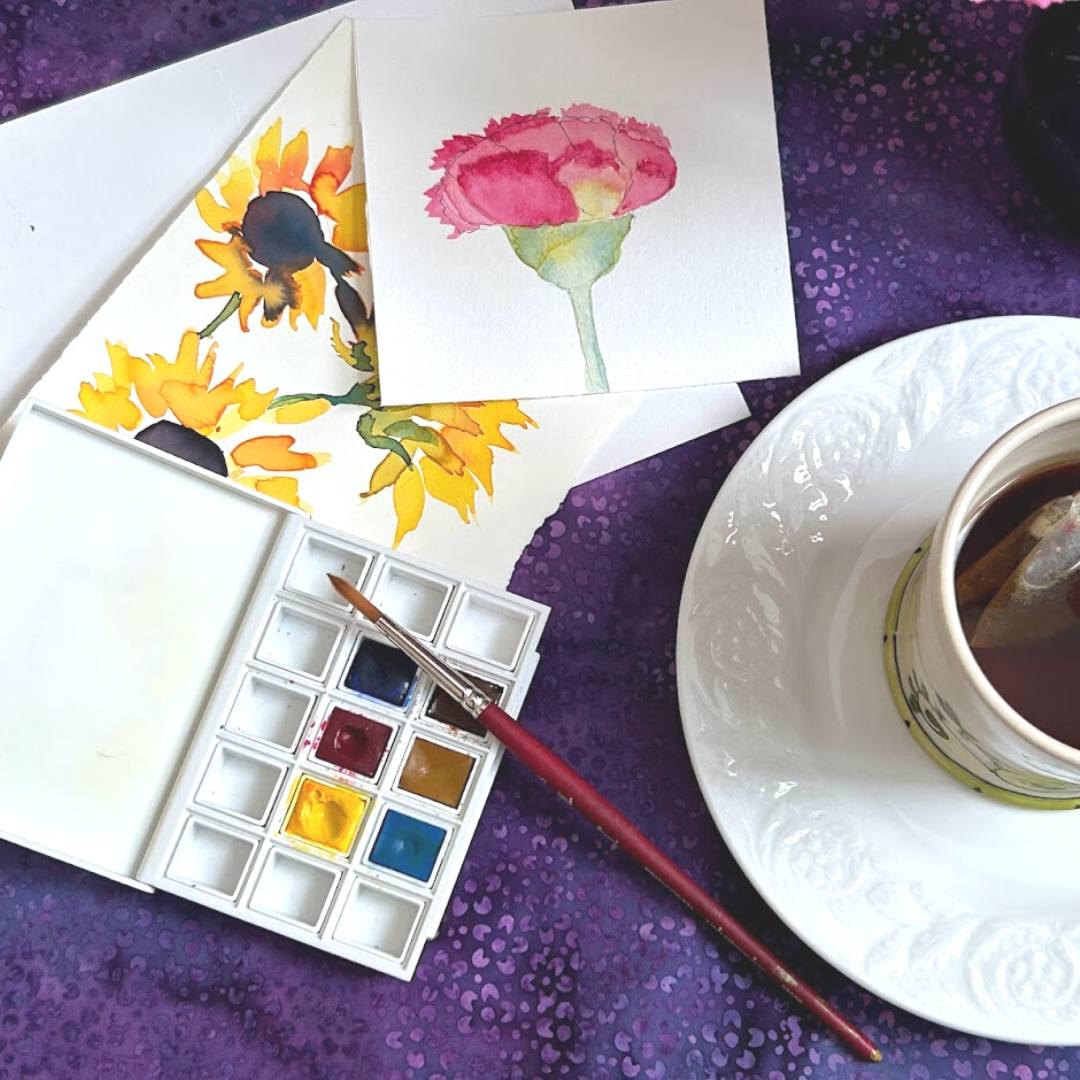 watercolor sunflowers carnation cup of tea